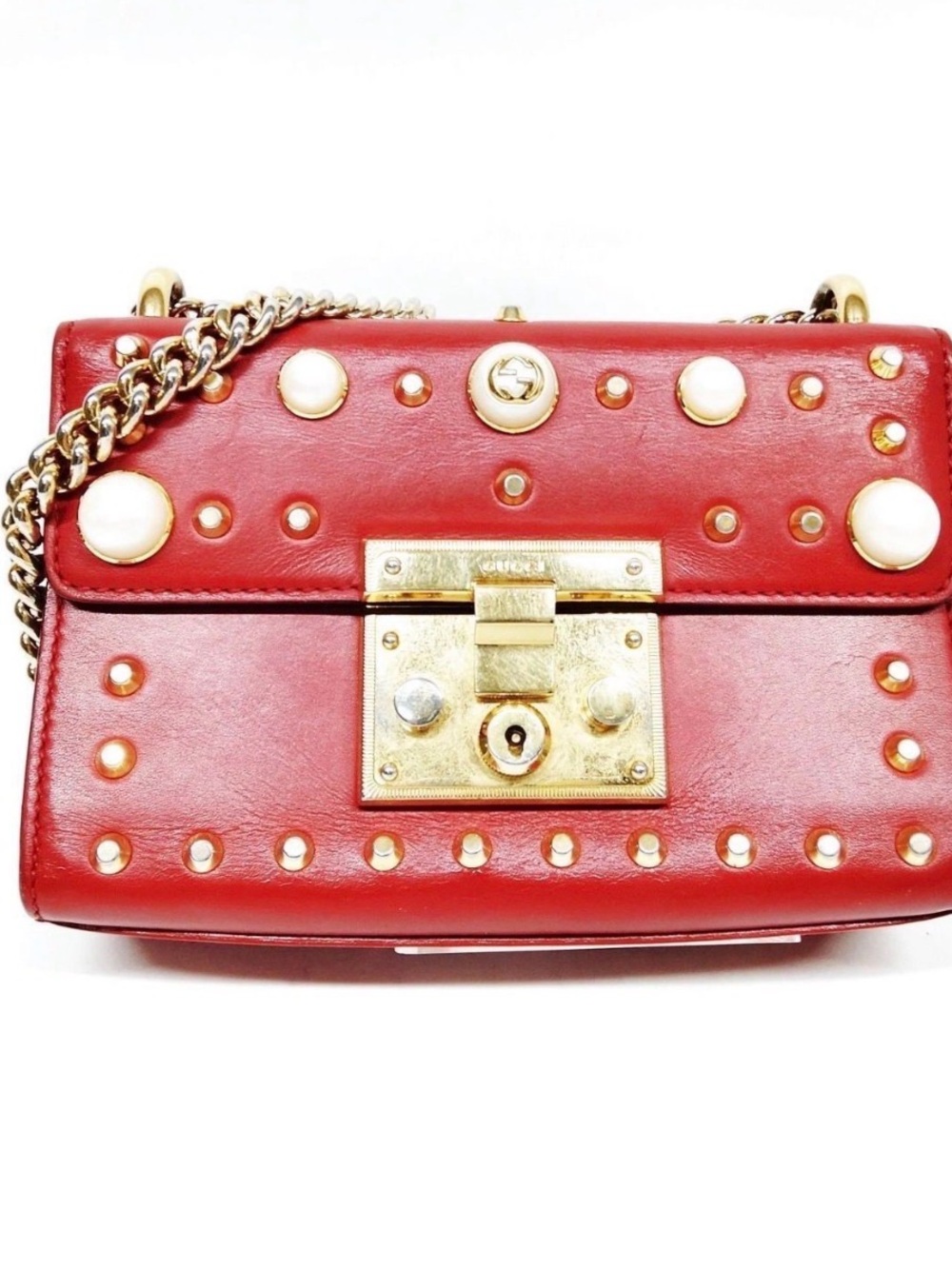 GUCCI Red Studded Leather Crossbody with Gold Hardware